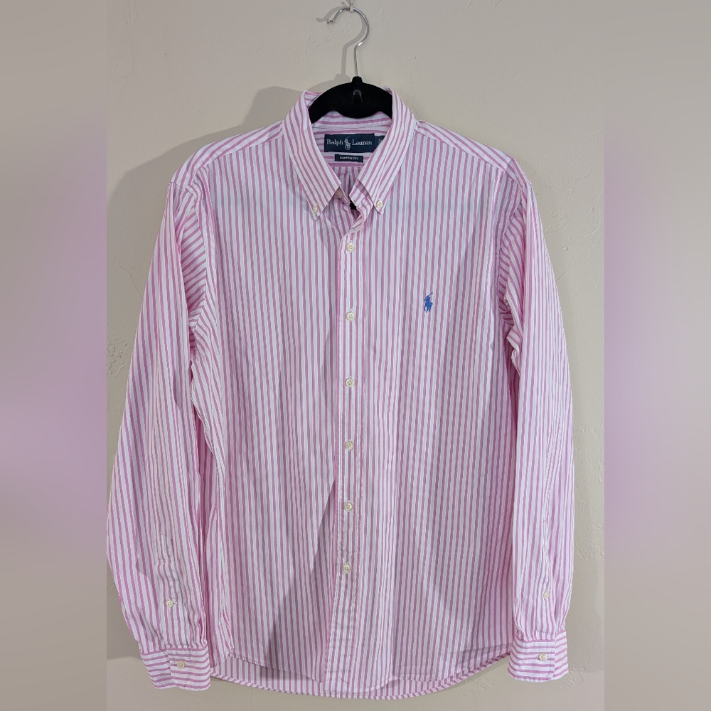 Ralph Lauren Men's Custom Fit Large Pink Stripe Button Down Collar Dress Shirt